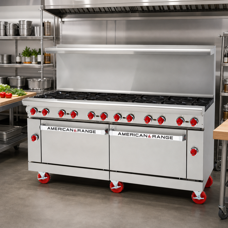 Product image #2 for American Range 72-Inch Gas Restaurant Range with 12 Open Burners and 2 Storage Bases