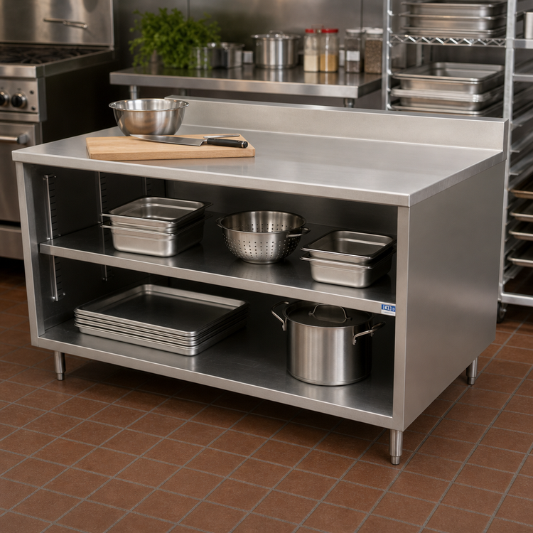 Product image #2 for BK Resources Stainless Steel Chef Table with Open Front Cabinet Base and 5 Inch Riser, 18 x 24 Inches