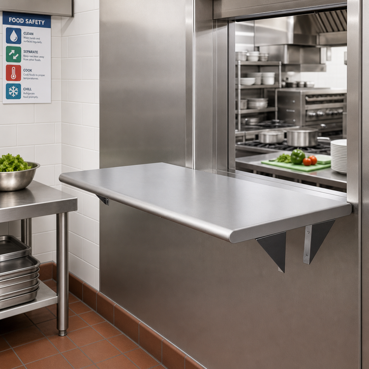 Product image #2 for BK Resources 24 x 24 Inch Stainless Steel Pass Through Shelf, 8 Inch Max Wall Thickness