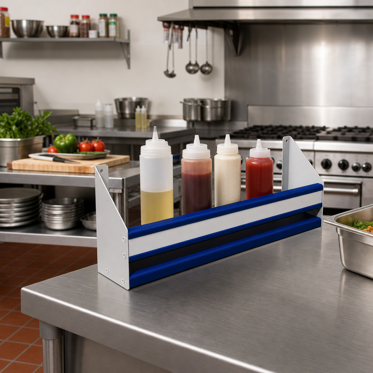 Product image #2 for Advance Tabco Prestige Supreme Single Tier Stainless Steel Speed Rail, 18-Inch, 4-Bottle Capacity