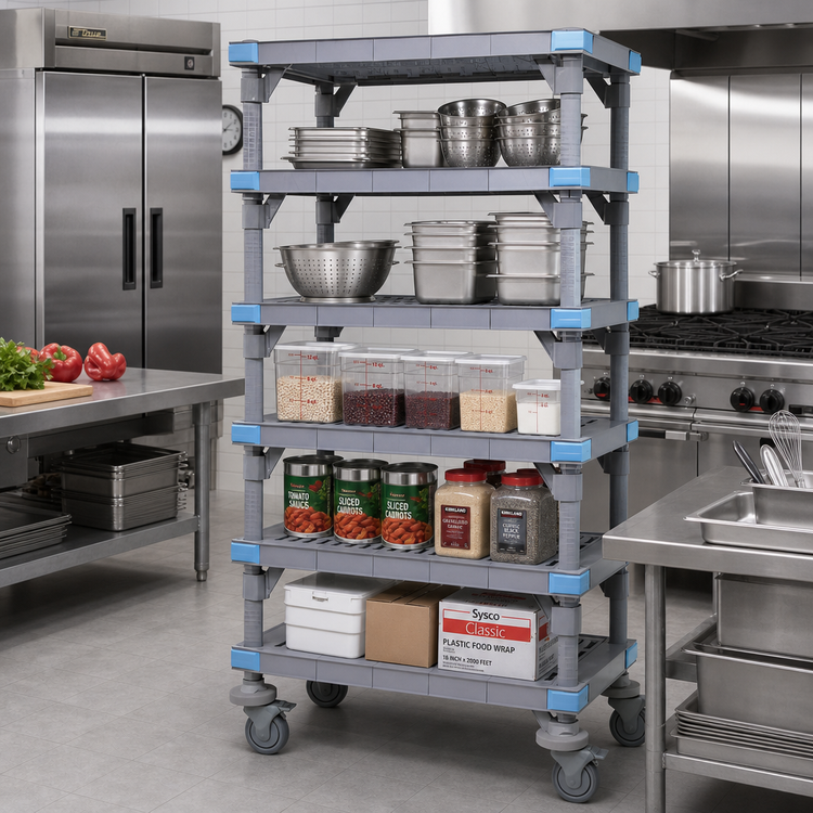 Product image #2 for Quantum Millenia Mobile Polymer Shelving Starter Unit with 5 Open Grid Shelves, 54W x 24D x 86H, Gray