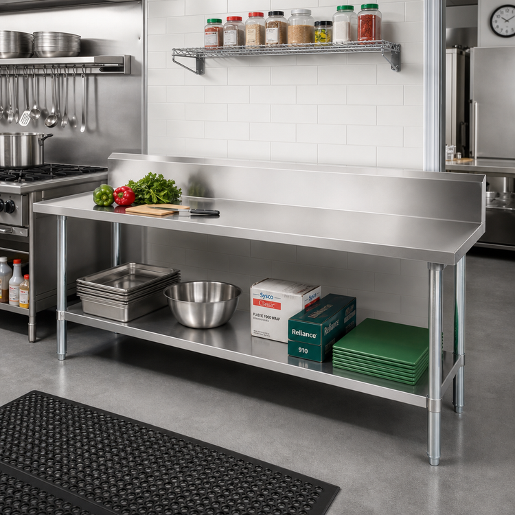 Product image #2 for Advance Tabco 144" x 30" 14-Gauge 304 Stainless Steel Work Table with 10" Backsplash and Adjustable Undershelf
