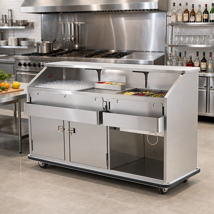 Product image #2 for 72-Inch Stainless Steel Mobile Beverage Service Bar with 60 lb. Ice Bin and 4-Bowl Underbar Server