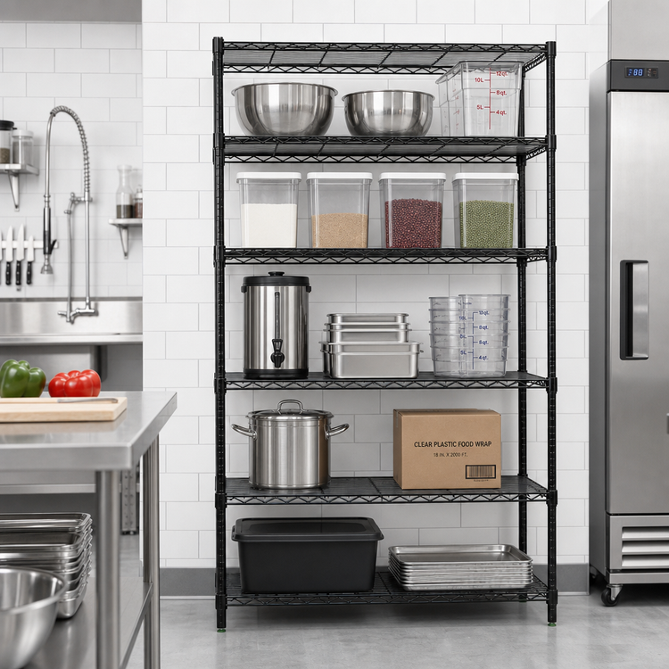 Product image #2 for Quantum Stationary Wire Shelving Starter Kit, 5 Shelves, 42W x 30D x 74H, Black Epoxy