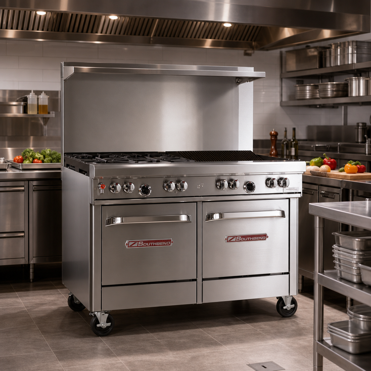 Product image #2 for Southbend Ultimate 48-Inch Commercial Gas Restaurant Range with 2 Star/Sauté Burners, 36-Inch Charbroiler, and 2 Space Saver Ovens