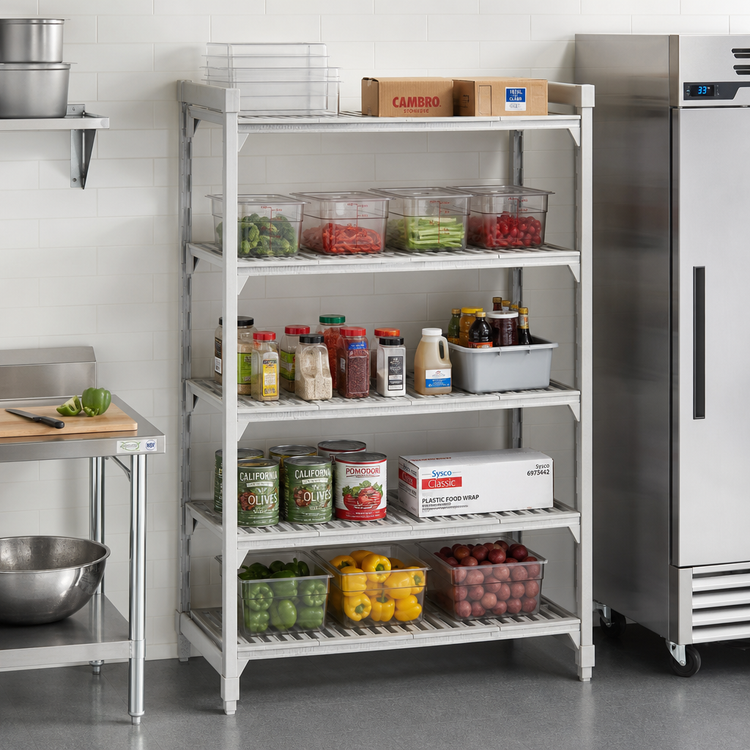 Product image #3 for Cambro Camshelving Premium 5-Tier Stationary Starter Polymer Shelving Unit, 24" Deep x 60" Wide x 64" High, Vented, Speckled Gray