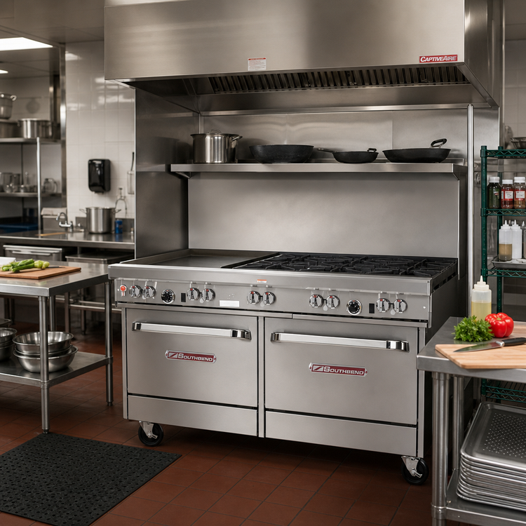 Product image #2 for Southbend Ultimate 60-Inch Gas Restaurant Range with 4 Pyromax Open Burners, 24-Inch Griddle/Broiler, Convection Oven and Cabinet Base