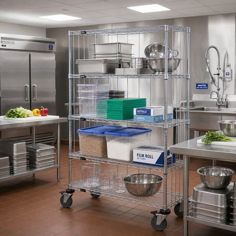 Product image #2 for Quantum Mobile Enclosure Wire Shelving Cart, 48 x 24 x 80 Inches, 4 Shelves, Chrome Plated Finish