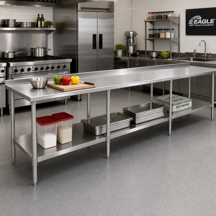 Product image #2 for Eagle Spec-Master 120 Inch x 30 Inch Stainless Steel Work Table with 1-1/2 Inch Rear Up-Turn and Adjustable Undershelf