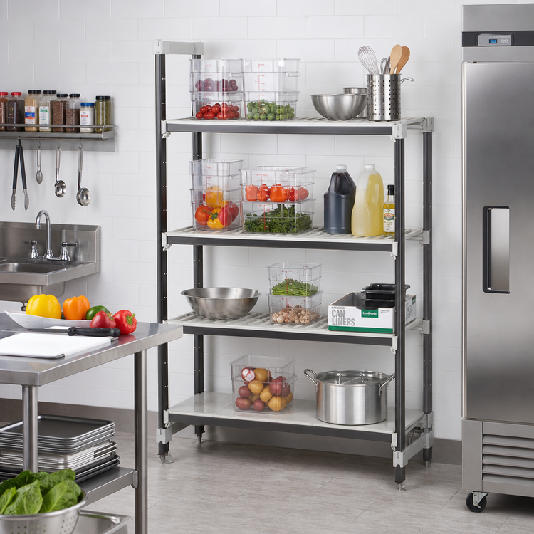 Product image #2 for Cambro Camshelving Elements XTRA High Density Top Rail Stationary Starter Unit, 18-Inch D x 48-Inch L x 81-Inch H, 4-Shelf, 3 Vented + 1 Solid