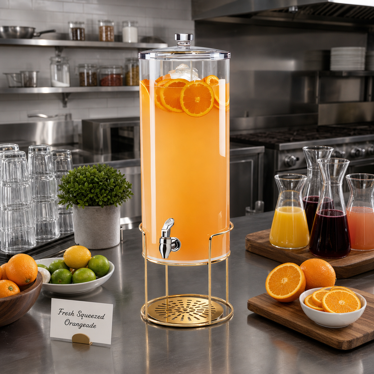Product image #2 for Cal-Mil Single Round 5 Gallon Acrylic Beverage Dispenser with Infusion Chamber, Drip Tray, and Brass Wire Base