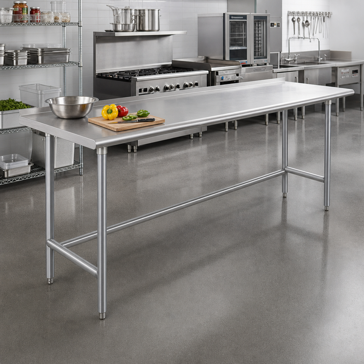 Product image #2 for Advance Tabco 120"W x 24"D Stainless Steel Work Table with 16 Gauge 304 Top, 1-1/2" Rear Up-Turn, and Galvanized Open Base