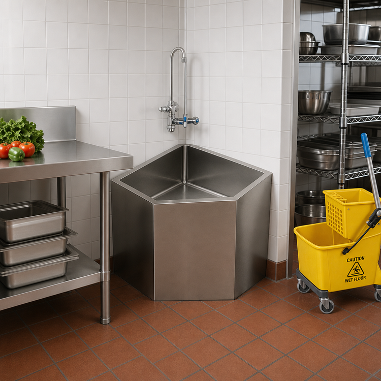 Product image #2 for Eagle Corner Floor-Mounted Flush-Edge Mop Sink with 21-Inch x 21-Inch x 12-Inch Fabricated Bowl, 304 Stainless Steel