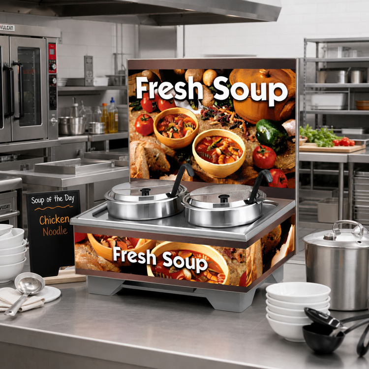 Product image #2 for Vollrath Cayenne Full-Size Rethermalizing Soup Merchandiser Base with Flush-Mount Menu Board, Country Kitchen Graphics, and 7 Qt Accessory Pack