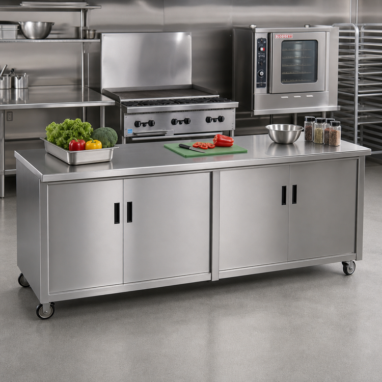 Product image #2 for Advance Tabco Enclosed Work Table with Cabinet Base and Hinged Doors, 72"W x 36"D, 14-Gauge 304 Stainless Steel Top