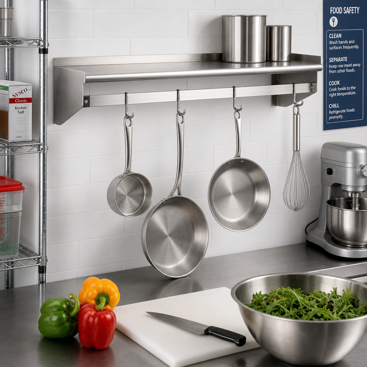 Product image #2 for Eagle Group Wall-Mounted Stainless Steel Pot Rack Shelf with 3 Removable Hooks, 36 Inch W x 12 Inch D