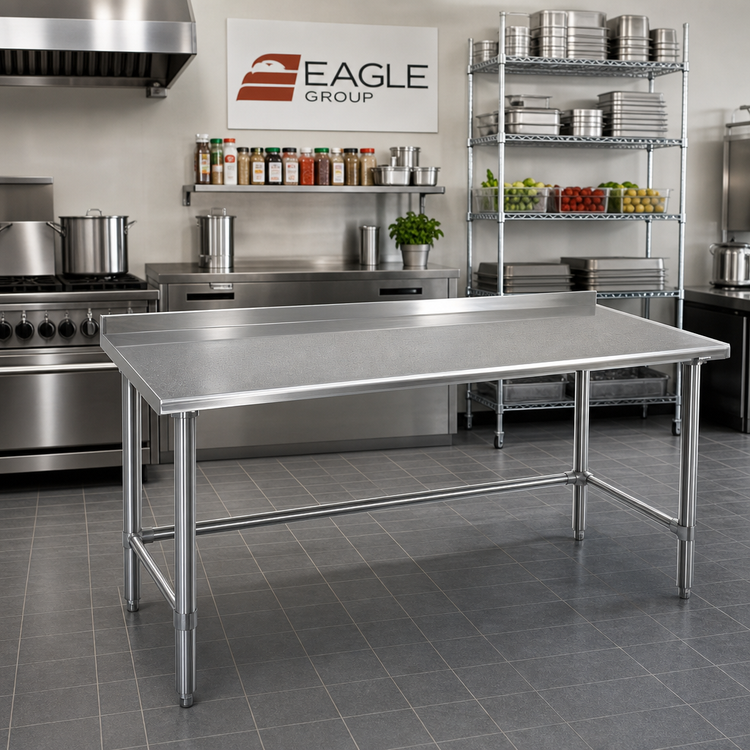 Product image #2 for Eagle Spec-Master 72"W x 30"D 14-Gauge 300 Series Stainless Steel Work Table with Rear Upturn and Open Tubular Base