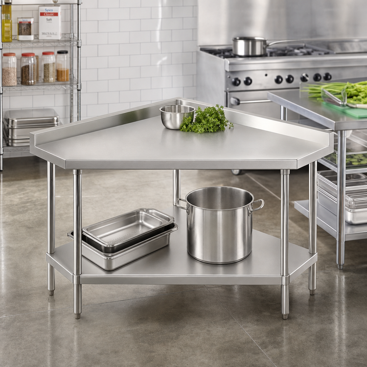 Product image #2 for Advance Tabco 30 Inch x 30 Inch 14-Gauge 304 Stainless Steel Corner Work Table with Undershelf