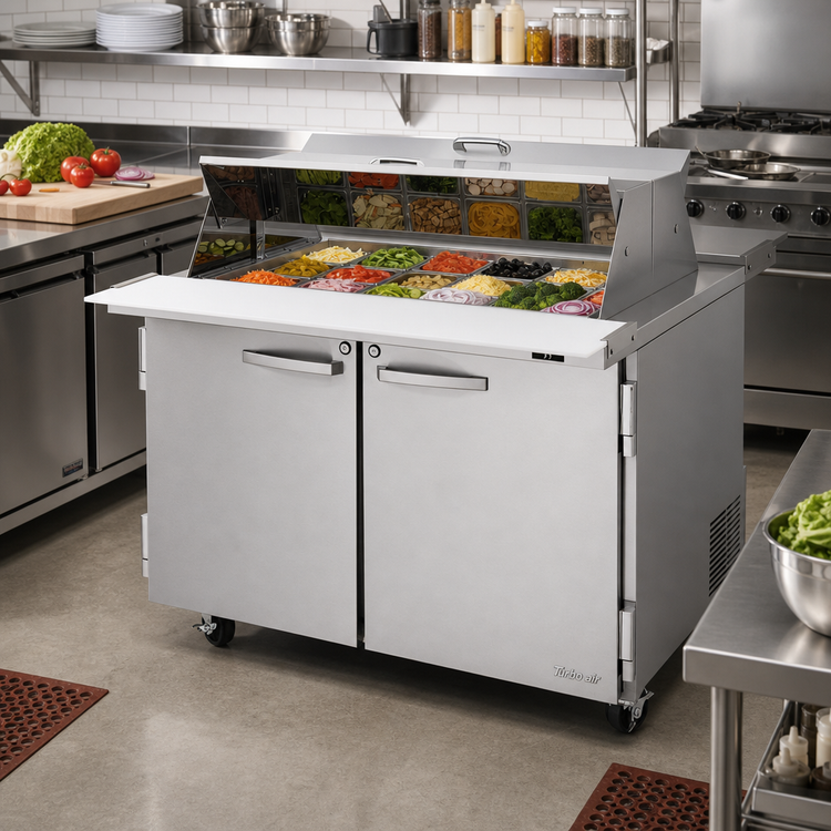 Product image #2 for Turbo Air PRO Series Mega Top Refrigerated Sandwich/Salad Prep Table, 48-1/4 Inch Wide, 2-Section, Dual-Sided Lid, 18-Pan Top