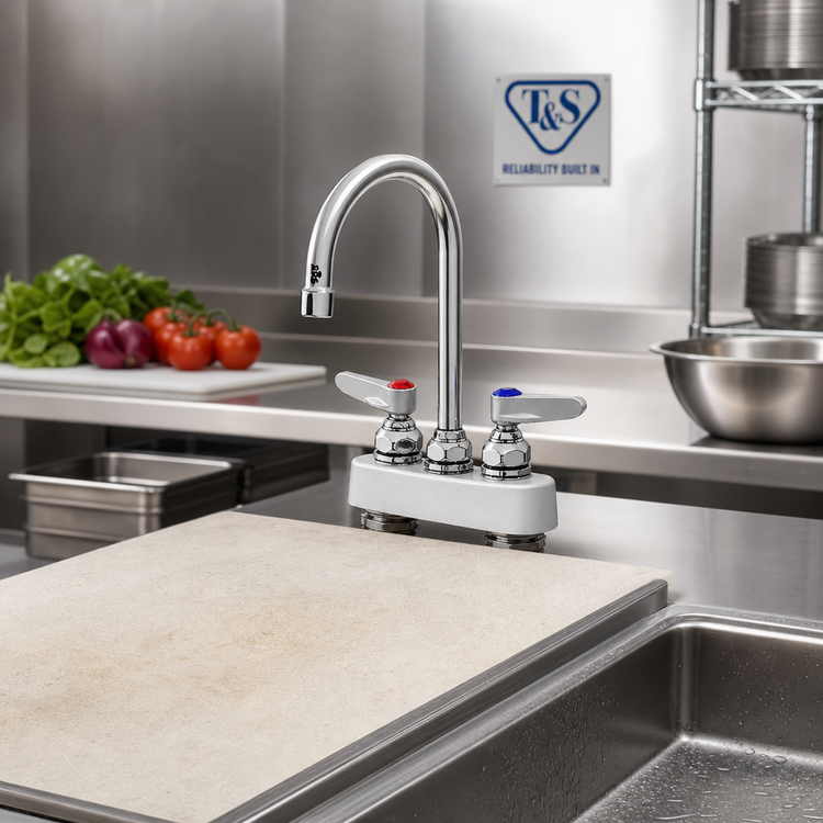 Product image #2 for T&S Brass Deck-Mount Workboard Faucet with Gooseneck Spout, 4-Inch Centers, 2-Inch IPS Shanks