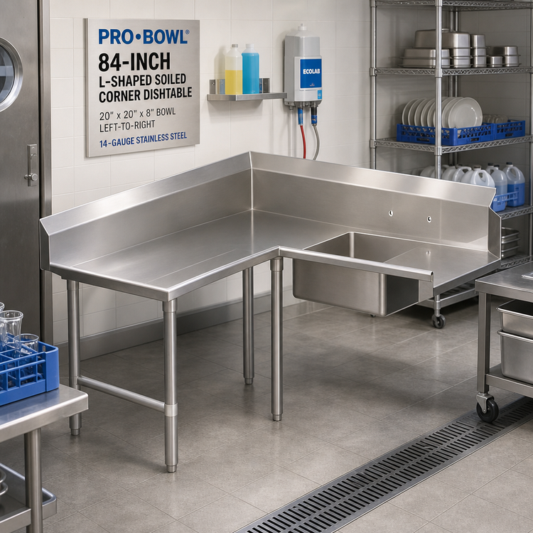Product image #2 for Pro-Bowl 84-Inch L-Shaped Soiled Corner Dishtable with 20 x 20 x 8 Bowl, Left-to-Right, 14-Gauge Stainless Steel