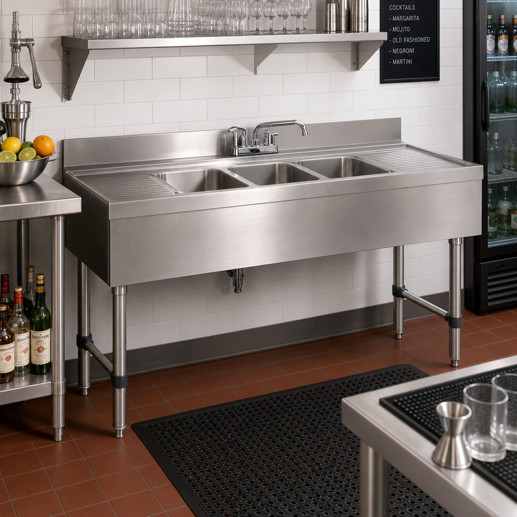 Product image #2 for Advance Tabco Special Value Series 3-Compartment Underbar Sink Unit with Deck-Mount Faucet and Dual Drainboards, 60" W x 21" D