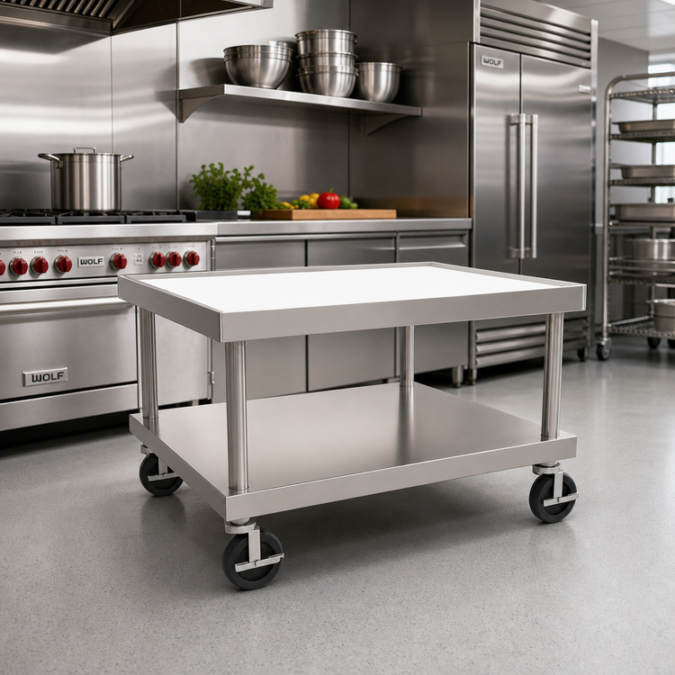 Product image #2 for Wolf 26-Inch x 30-Inch Stainless Steel Equipment Stand with Marine Edge, Undershelf, and 5-Inch Casters