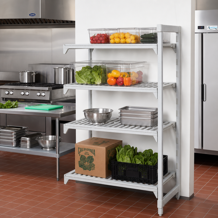 Product image #3 for Cambro Camshelving Premium 4-Tier Vented Add-On Polymer Shelving Unit, 24 x 48 x 84 Inches, Speckled Gray