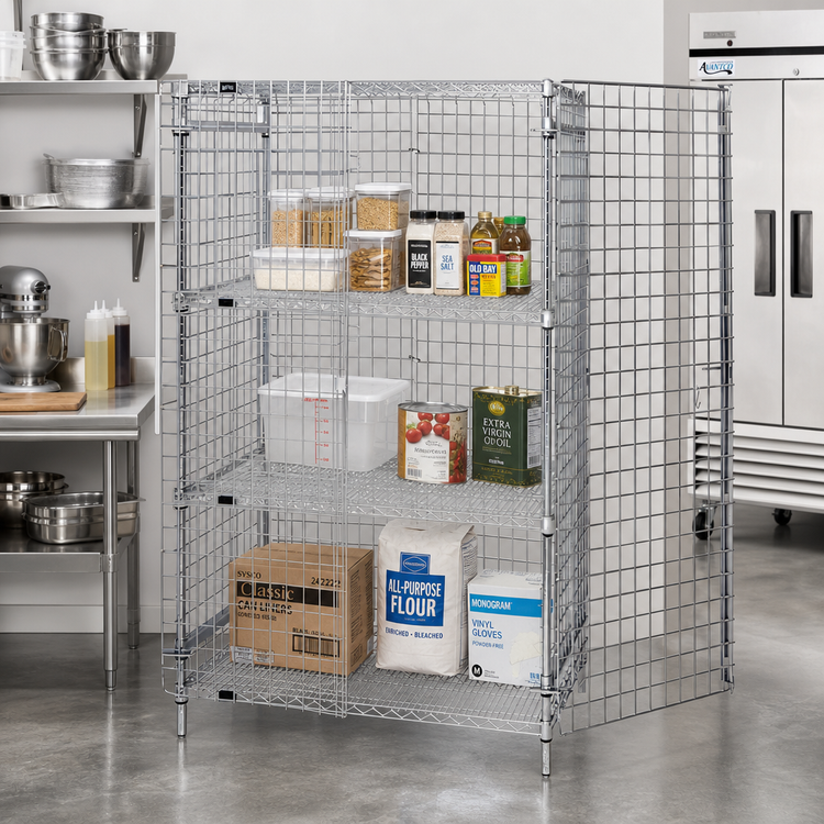 Product image #2 for Quantum Stationary Security Cage with 2 Intermediate Shelves, 36 Inches W x 24 Inches D x 63 Inches H, Chrome Plated