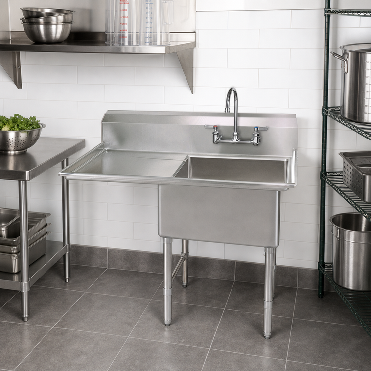 Product image #2 for BK Resources 1-Compartment Stainless Steel Sink with Left Drainboard and 9-Inch Backsplash