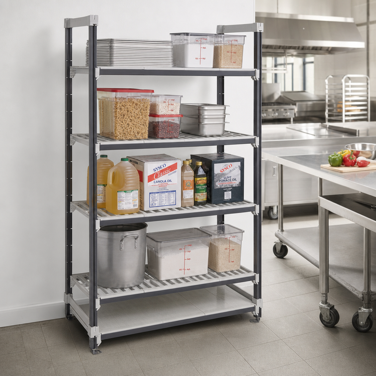 Product image #2 for Cambro Camshelving Elements XTRA High Density Top Rail Stationary Starter Shelving Unit, 24 x 36 x 81 Inch, 5-Tier, Speckled Gray