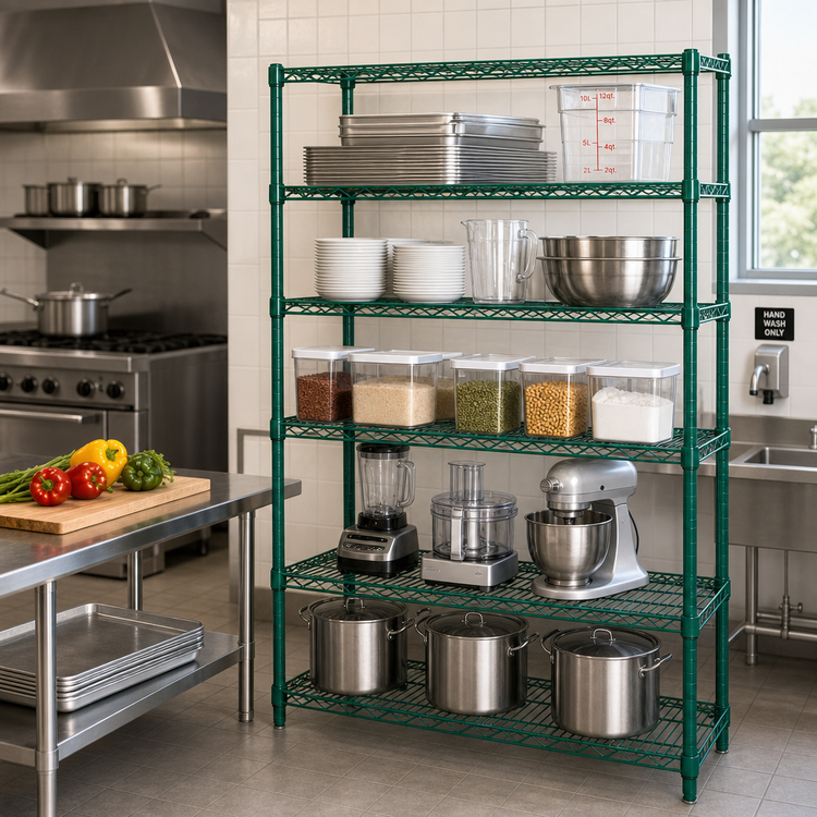 Product image #2 for Quantum 5-Shelf Wire Shelving Starter Kit, 60W x 36D x 74H, Green Epoxy Antimicrobial Finish