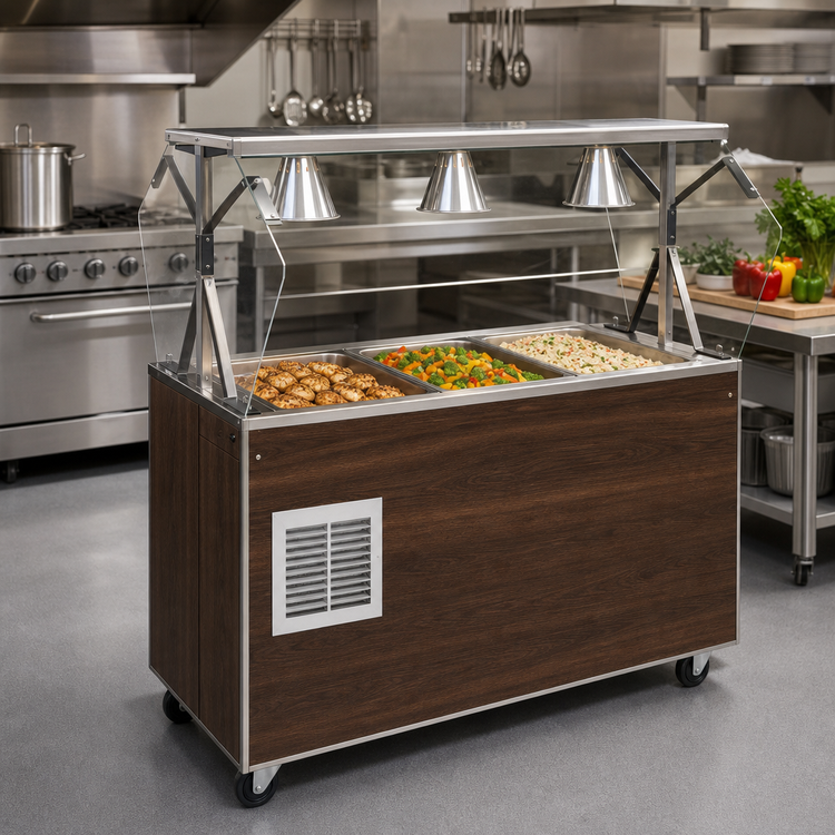 Product image #2 for 2-Series Affordable Portable Mobile Refrigerated 3-Pan Cold Food Buffet Station with Walnut Woodgrain Wrapper, Lights, Breath Guard, and Storage Base