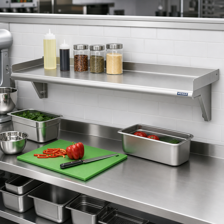 Product image #2 for Eagle Snap-n-Slide 72 Inch x 12 Inch Wall Shelf, Rolled Front Edge, 14/304 Stainless Steel