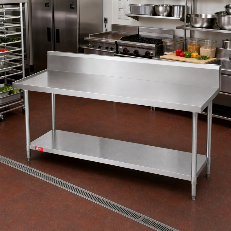 Product image #2 for Duke 144-Inch x 36-Inch Stainless Steel Work Table with 10-Inch Marine Edge Riser and Galvanized Undershelf