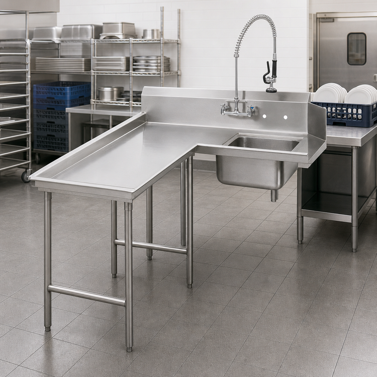 Product image #2 for Advance Tabco Island Soil L-Shaped Dishtable with Pre-Rinse Sink, Left-Hand, 59-Inch, 16-Gauge 304 Stainless Steel