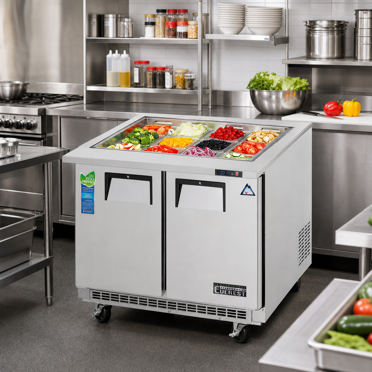 Product image #2 for Everest Refrigeration EOTPS2 Mega-Top Open Top Refrigerated Prep Table, 2-Section, 35-5/8-Inch, Stainless Steel, 12 x 1/6-Size Pan Opening