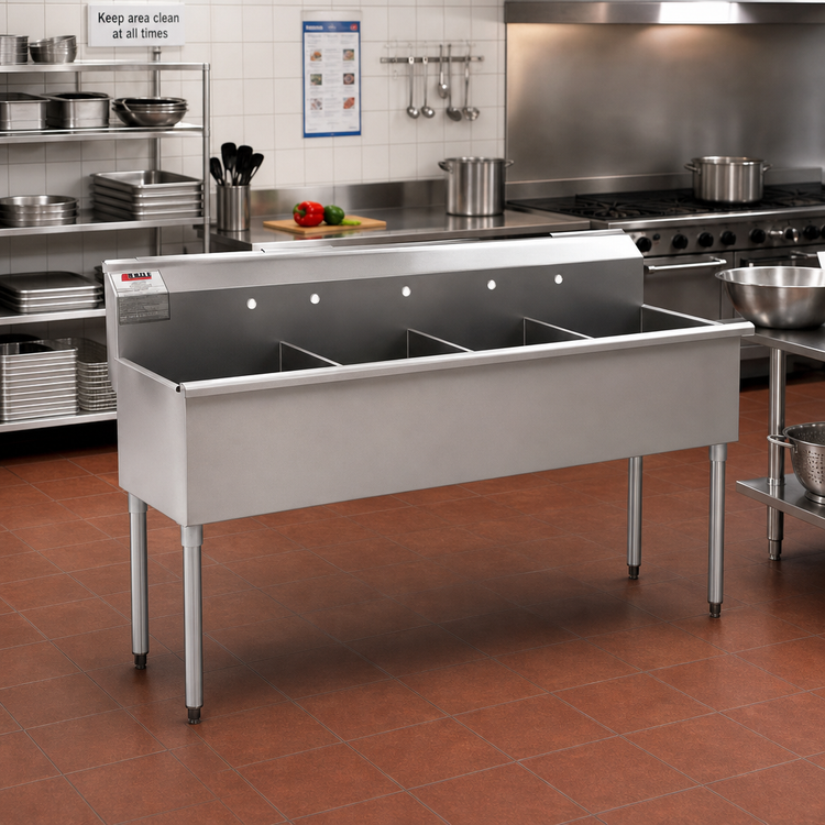 Product image #2 for Eagle Group Four-Compartment Utility Sink, 73-3/8 Inch x 28 Inch, 16-Gauge 430 Stainless Steel, No Drainboards