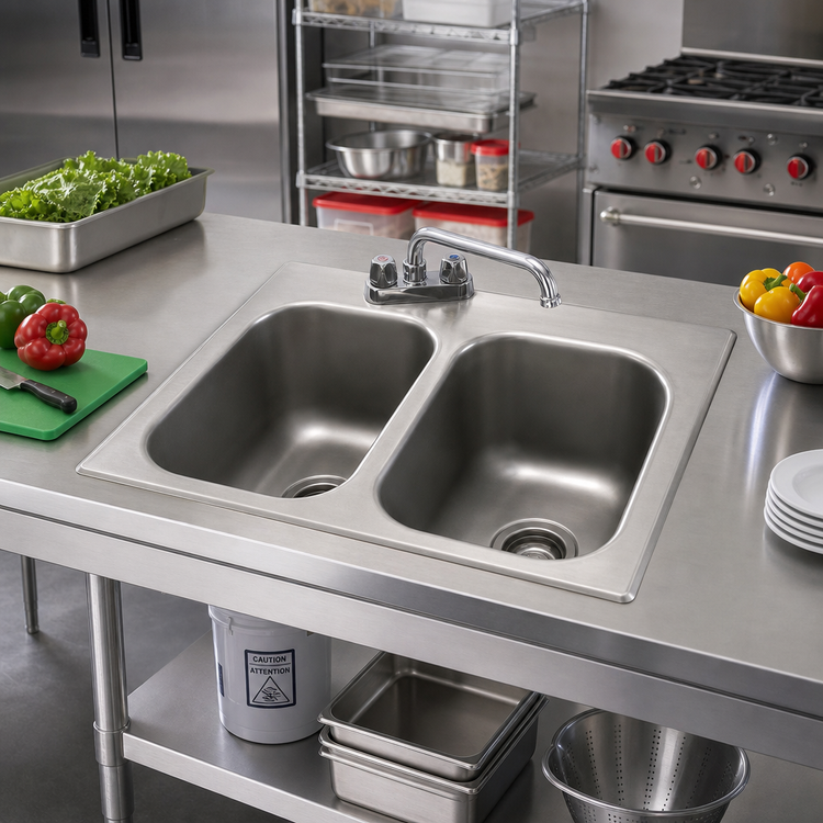Product image #2 for Eagle Group Self-Rimming Drop-In Two-Compartment Sink with 18 x 24 x 13.5 Inch Bowls, 304 Stainless Steel