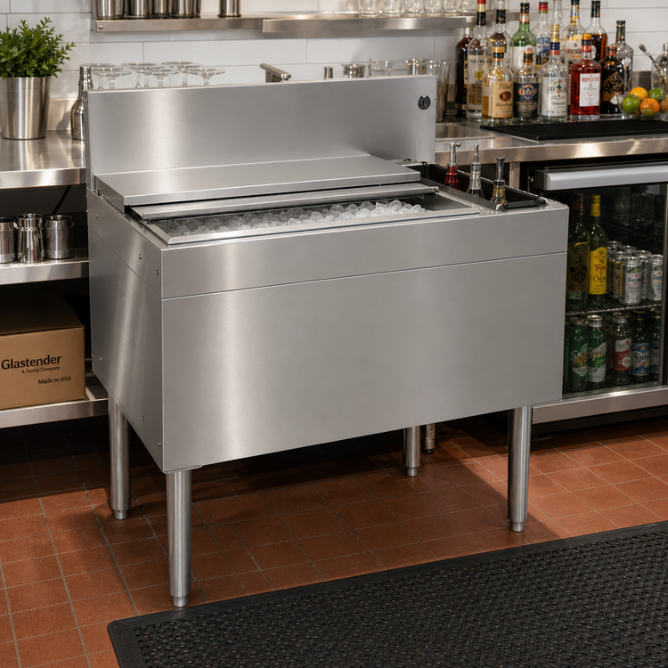 Product image #2 for Glastender 30-Inch Underbar Stainless Steel Combo Ice Bin/Cocktail Unit with Right 3-Bottle Storage and 10-Circuit Cold Plate