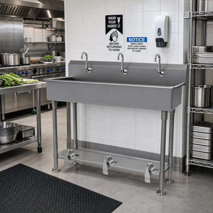 Product image #1 for Advance Tabco 72-Inch 3-Station Toe-Push Freestanding Hand Wash Sink with Gooseneck Spouts