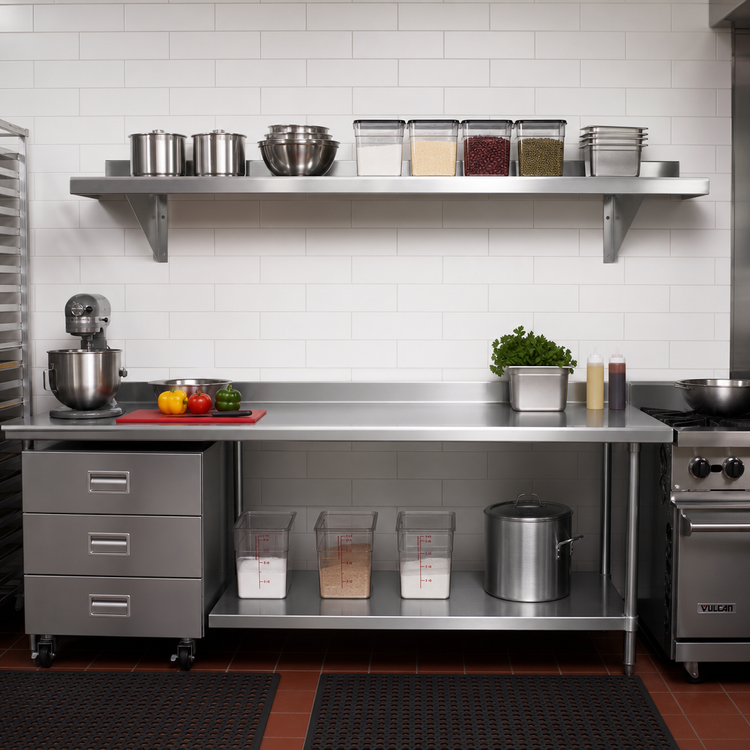 Product image #2 for Advance Tabco 132-Inch Wall-Mounted Stainless Steel Shelf, 12-Inch Deep, 16 Gauge 304 Satin Finish