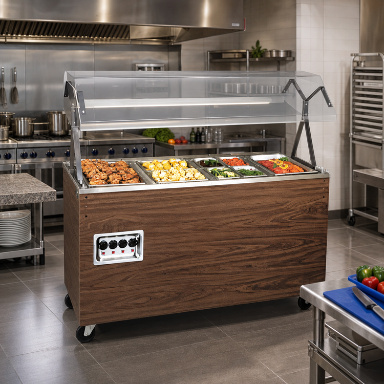 Product image #2 for Vollrath 2-Series Affordable Portable 4-Well Hot Food Station with Buffet Breath Guard and Lights, Open Storage Base, Cherry Woodgrain, 120/208-240V
