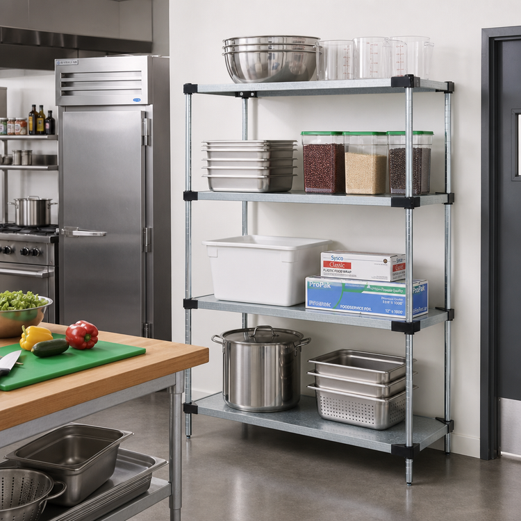 Product image #2 for Quantum Commercial Solid Shelving Starter Kit, 60-Inch Wide x 12-Inch Deep x 86-Inch High, Stationary, Galvanized Steel Shelves with Chrome Posts