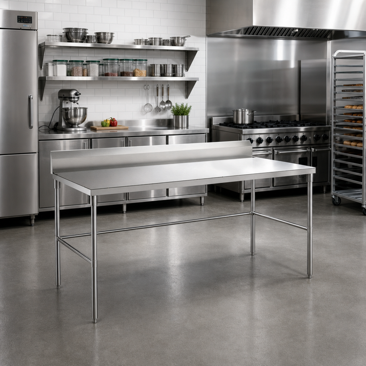 Product image #2 for Sapphire 60-Inch x 30-Inch 18/430 Stainless Steel Open Base Worktable with 5-Inch Backsplash