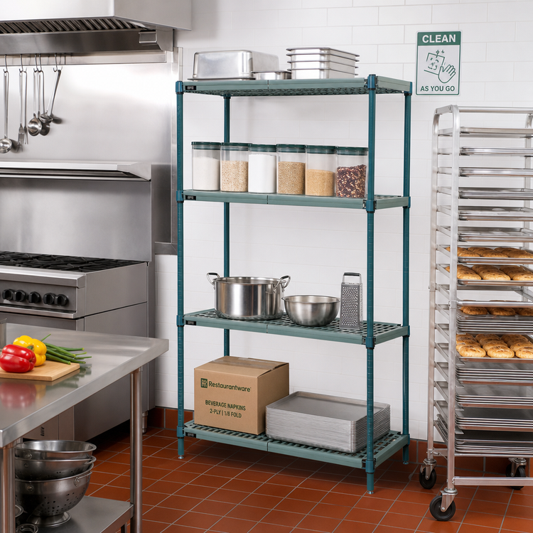Product image #2 for Quantum 4-Tier Stationary Wire Shelving Unit with Plastic Mats, 60 x 14 x 74 Inches, Green Epoxy Coated