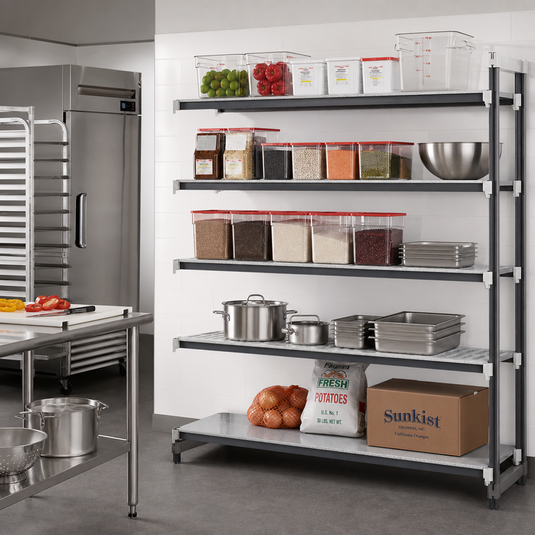 Product image #2 for Cambro Camshelving Elements XTRA 5-Tier Stationary Add-On Polymer Shelving Unit, 21 x 72 x 84, Vented and Solid Shelves, Speckled Gray