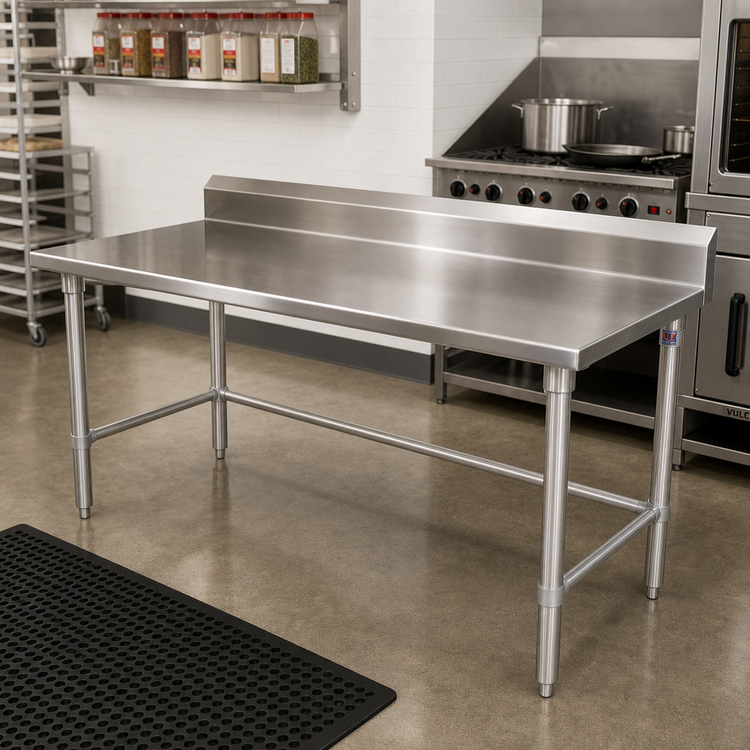 Product image #2 for John Boos Stallion 120-Inch x 24-Inch Stainless Steel Open Base Work Table with 5-Inch Backsplash and Safety Edge