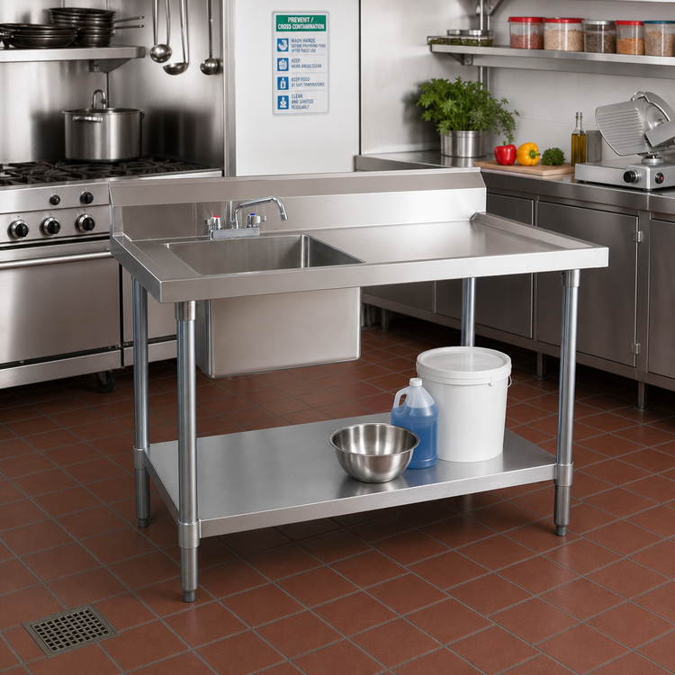 Product image #2 for 48-Inch Left-Sink Prep Sink Table with 304 Stainless Steel Top, 6-Inch Backsplash and Undershelf