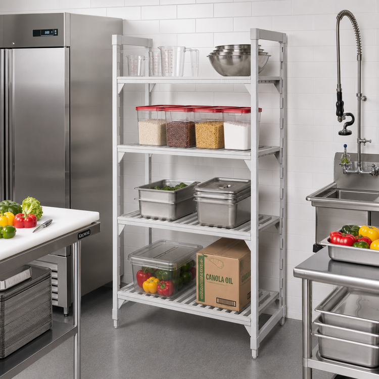 Product image #3 for Cambro Camshelving Premium 48" x 18" x 84" 4-Tier Stationary Vented Polymer Shelving Starter Unit, Speckled Gray